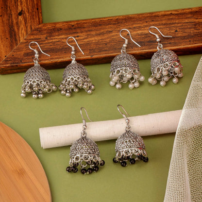 Classic Oxidised Silver Pearl & Beaded Jhumka Earrings Combo Set for Women & Girls (Set of 3)