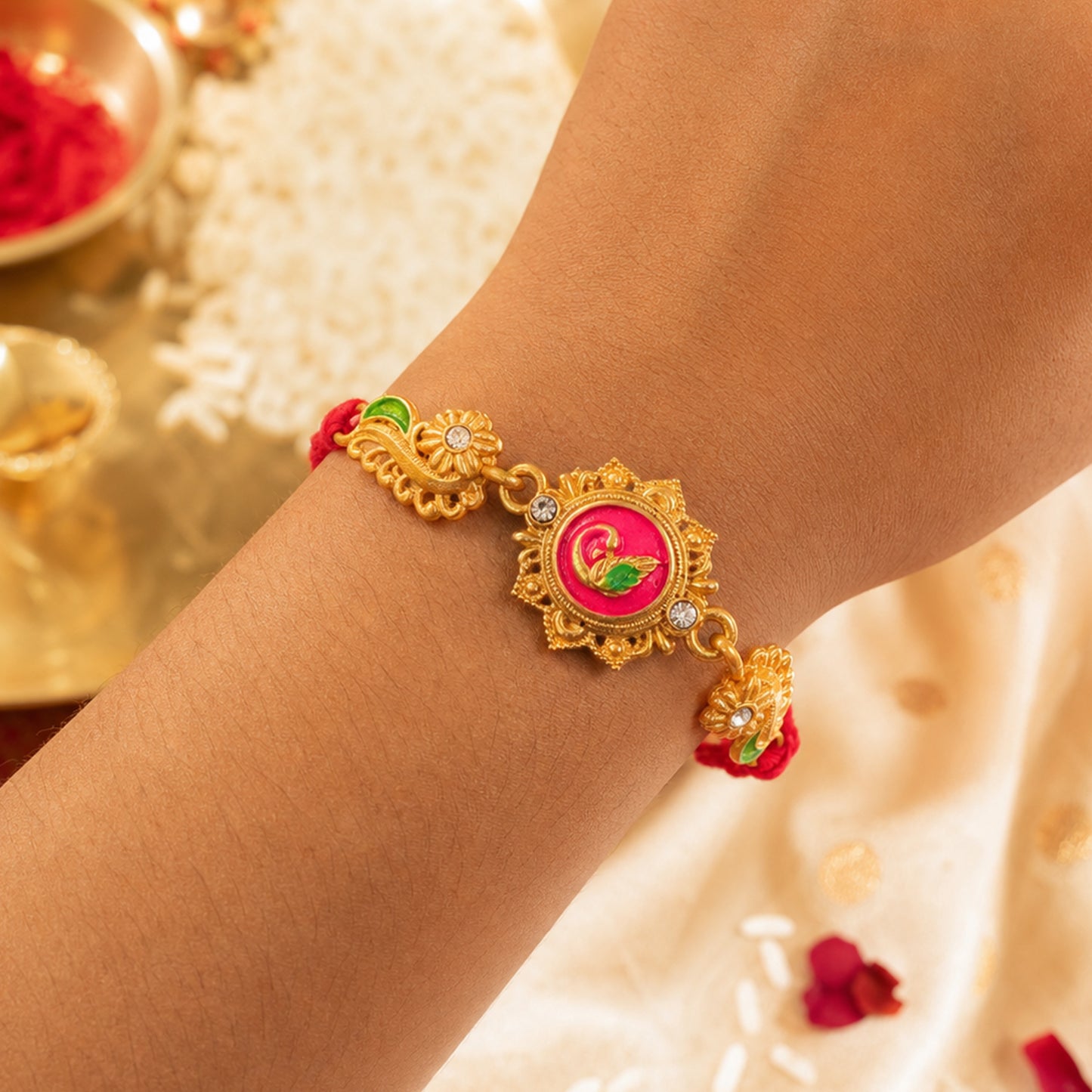 Designer Rakhi showcasing Floral Rosette, gold trims and gift style for Gift Styling