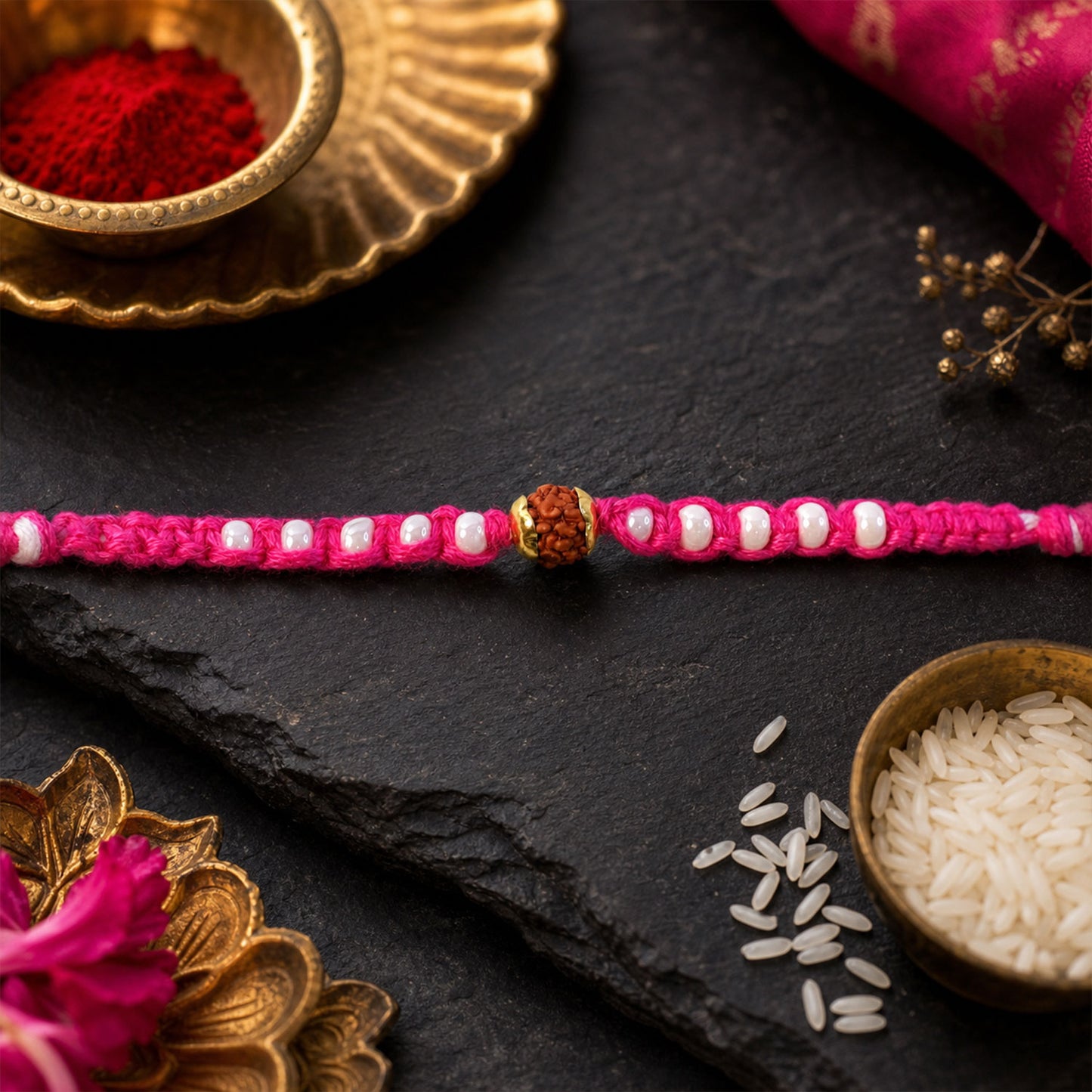 Pink-White Braided Rakhi with Natural Rudraksha Bead Pendant
