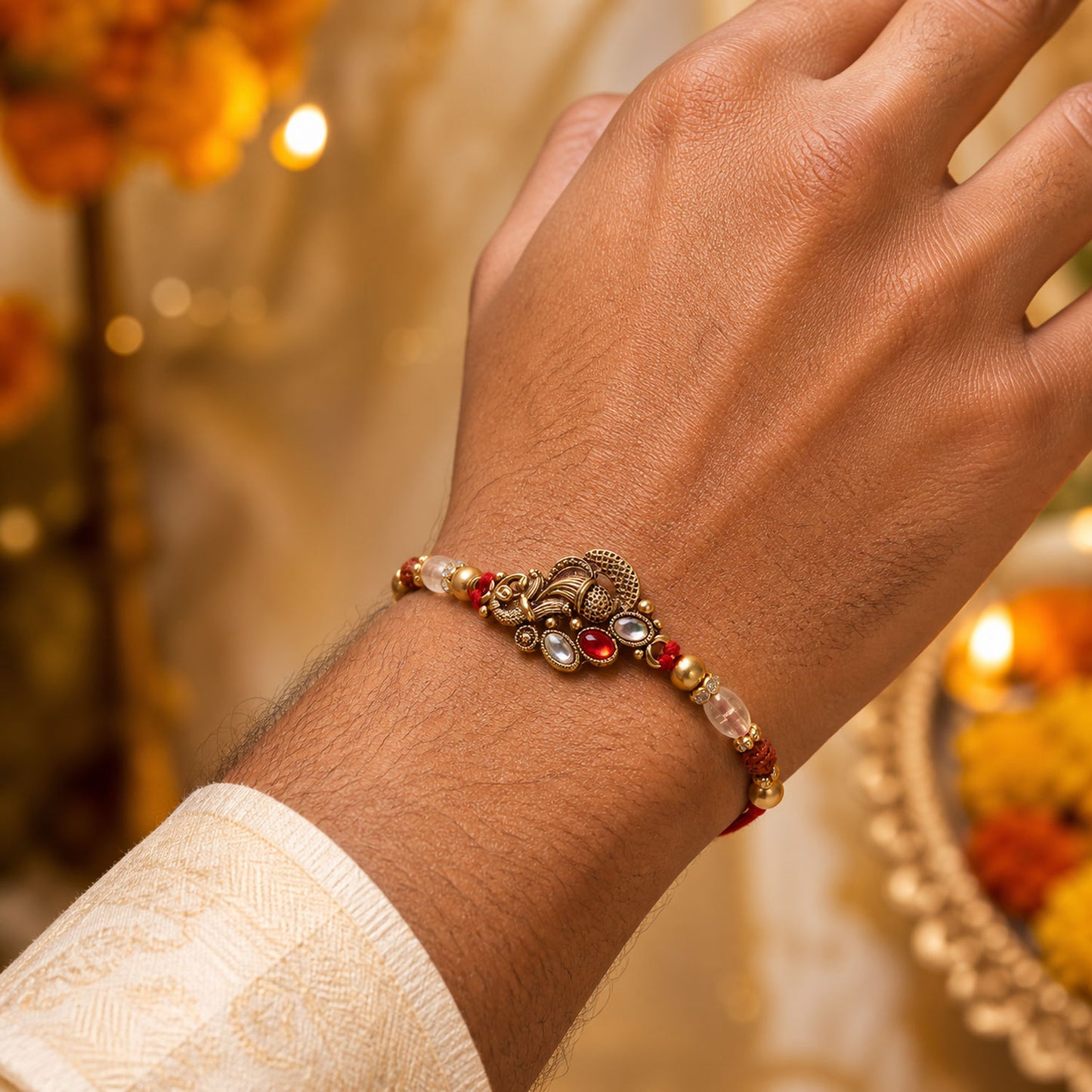 Elegant Rakhi with Ornate Floral Medallion and metal trims in chain look for Gift Use