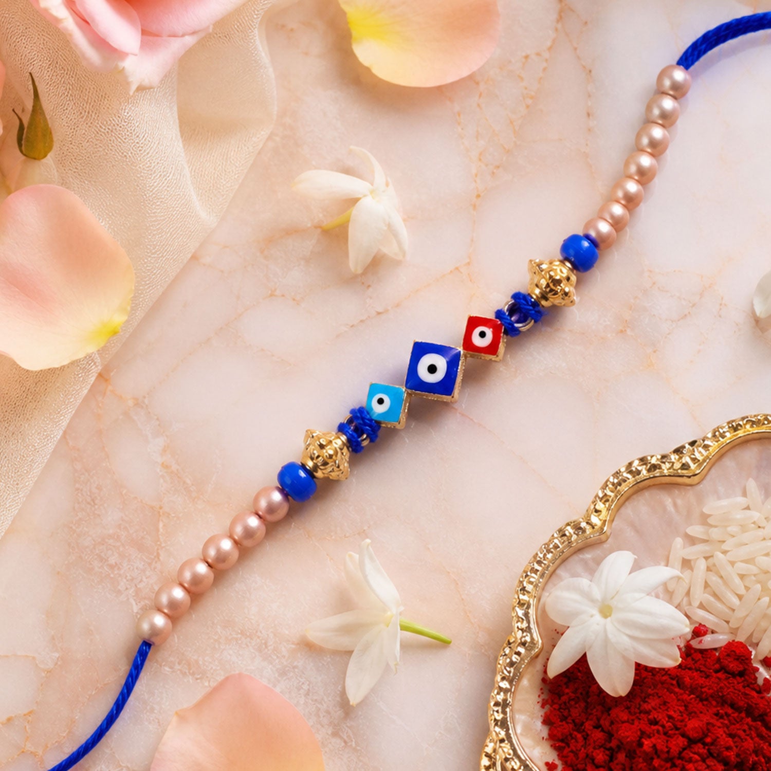 Triple Square Nazar Evil Eye Pearl Beads Designer Rakhi