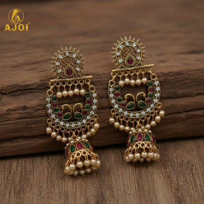 Peacock Motif Antique Gold Finish Chandbali Jhumka Earring