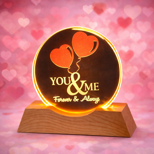 You & Me Forever LED Acrylic Lamp with Wooden Base | Romantic Night Light