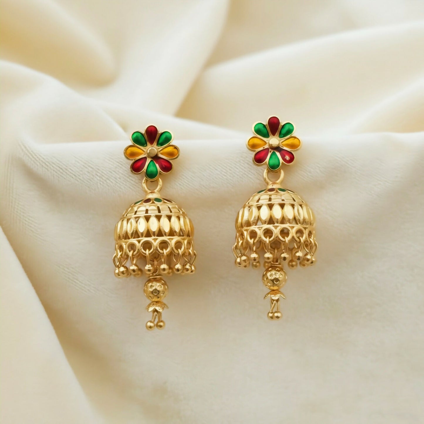 Floral Enamel Gold-Plated Jhumka Earrings