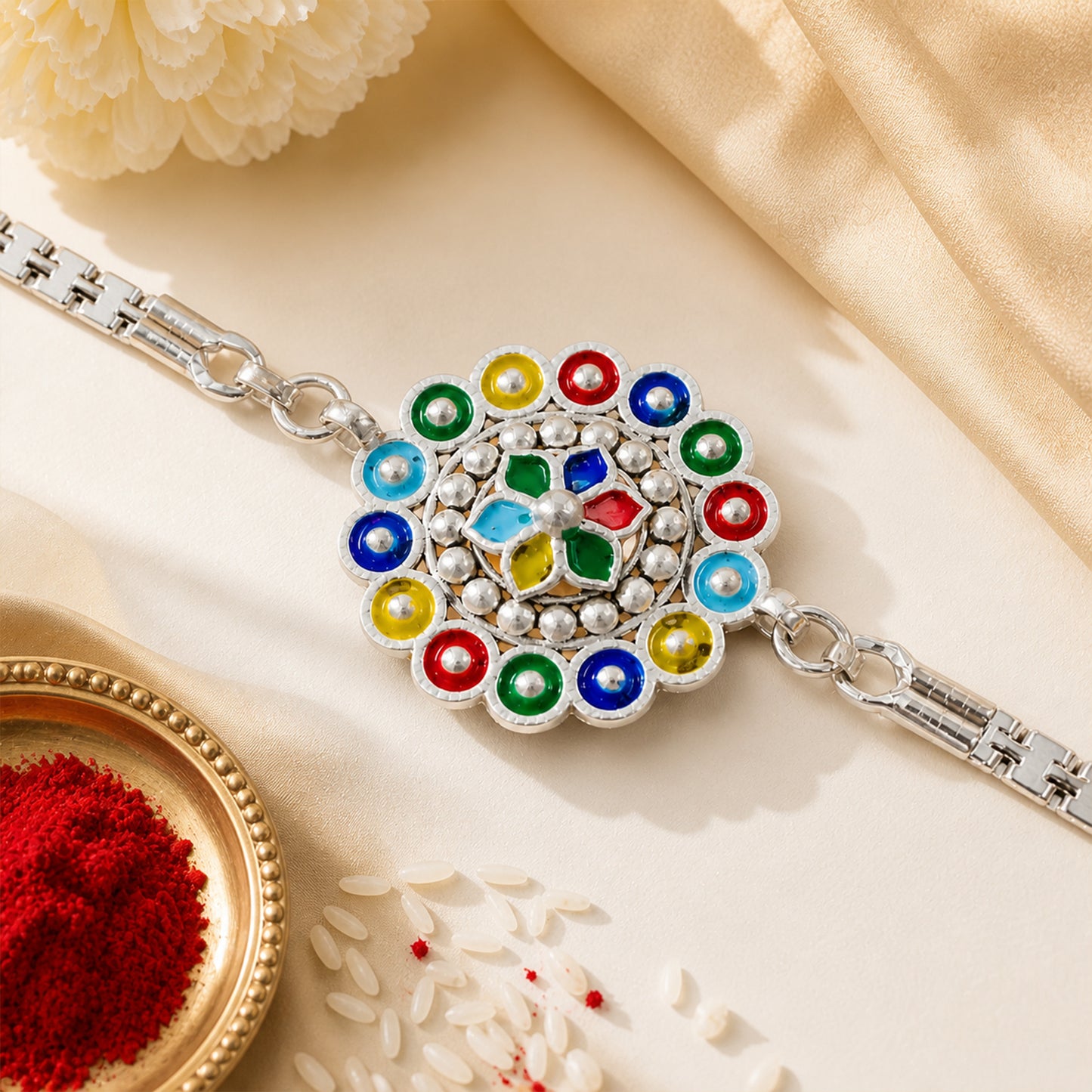 Floral Mandala Enamel Circles Beaded Silver Chain Designer Rakhi