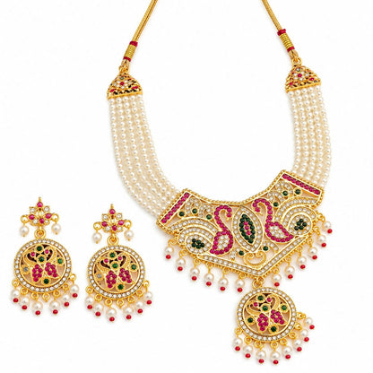 The complete pearl necklace and earring set displayed against a plain white background, highlighting its elegance.