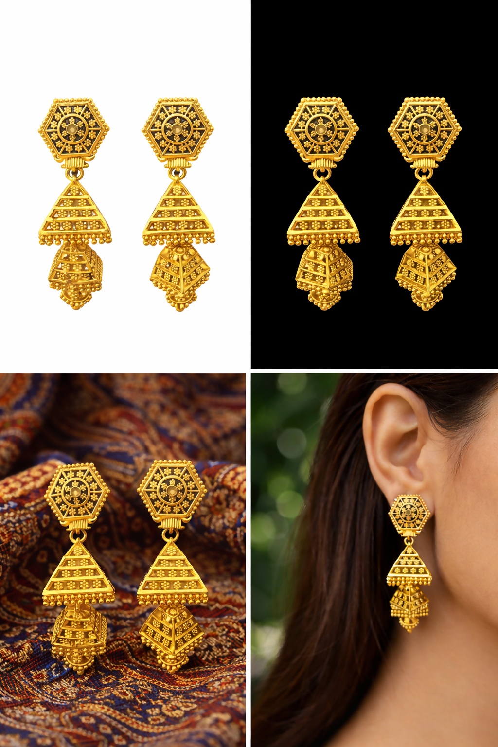 Gold-finished ethnic dangling earrings designed for weddings and festive occasions