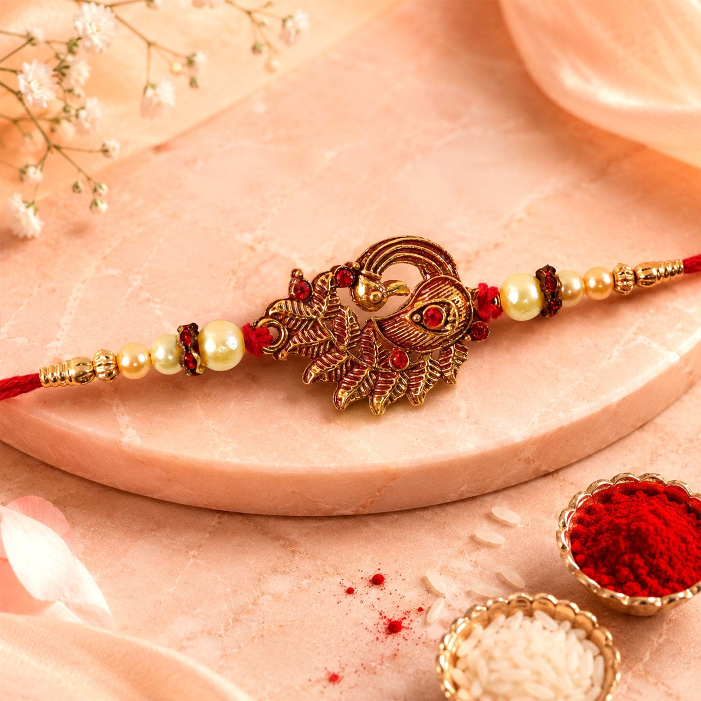 Peacock Rakhi Pearl Beads Festive Bracelet (5pcs)