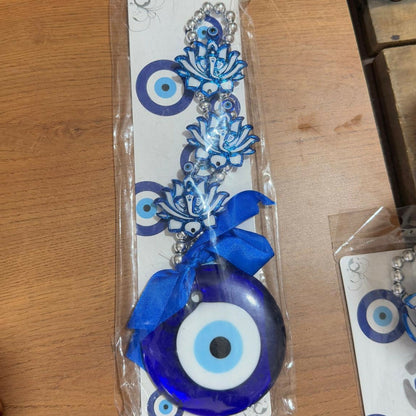 Evil Eye Lotus Wall Hanging with Blue Ribbon | Protective Nazar Battu for Home & Office | Blue Glass Beads & Metal Chain Wall Décor | Traditional Spiritual Feng Shui Vastu Gift