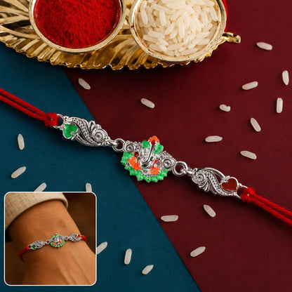 Rakhi Elegant Silver Ganesh Charm with Red Dori for Brother (5pcs)