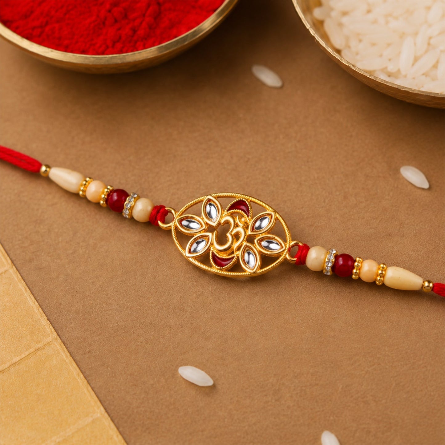 Om Kundan Rakhi Elegant Pearl Bead Design for Brother (5pcs)