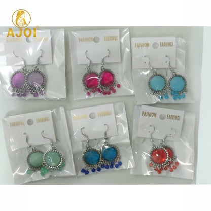 Oxidized Silver Multicolor Stone Drop Earrings with Beaded Fringe