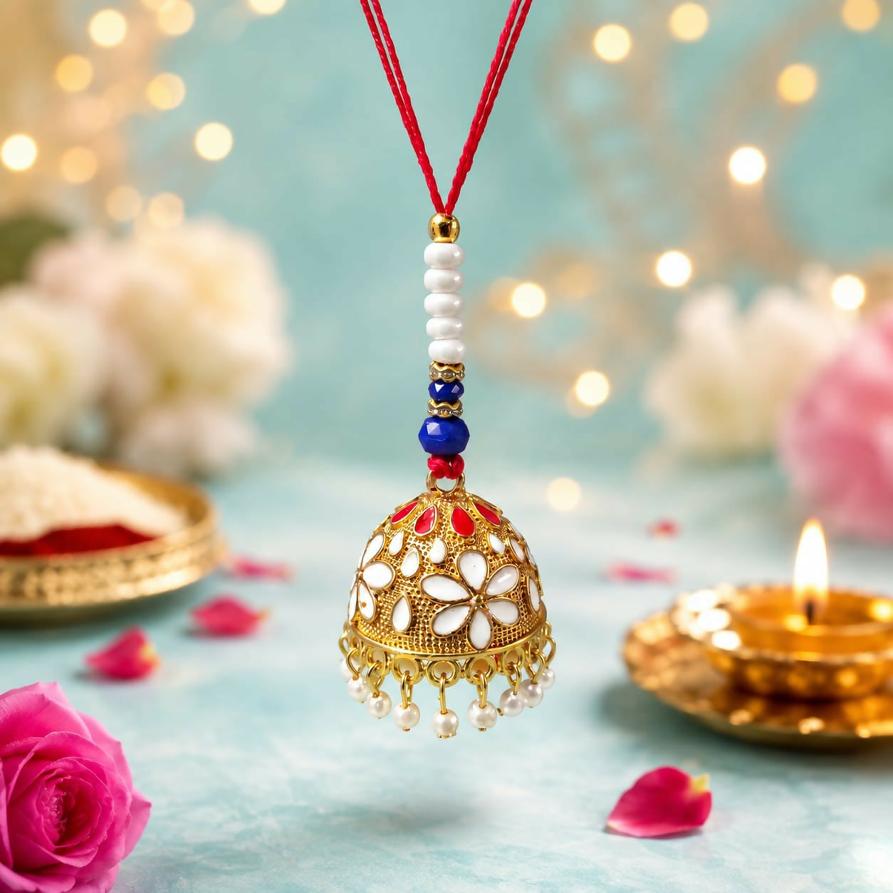A gold-finished lumba with white and red enamel flowers and pearl drops hangs over a light blue surface with blurred pink