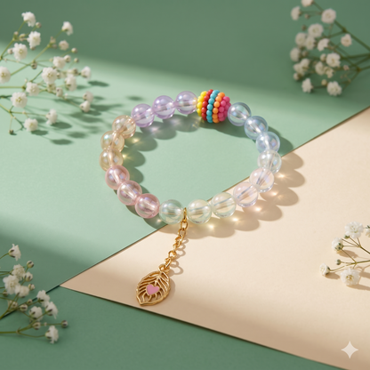 A single pastel beaded bracelet with a colorful striped bead and a gold leaf charm on a two-toned background with baby's