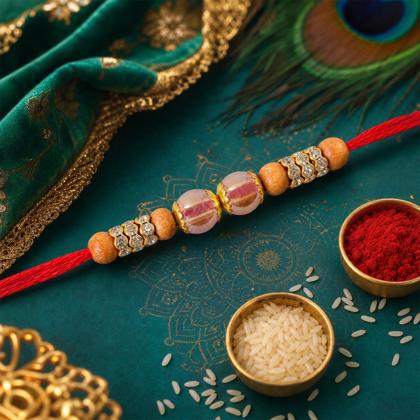 Red Thread Rakhi with Wooden Bead and Dusty-Pink Crystal Accents
