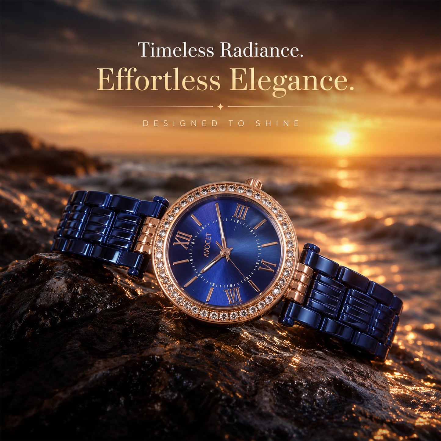 Close up of the blue analog watch dial with Roman numerals and sparkling rose gold crystal bezel.