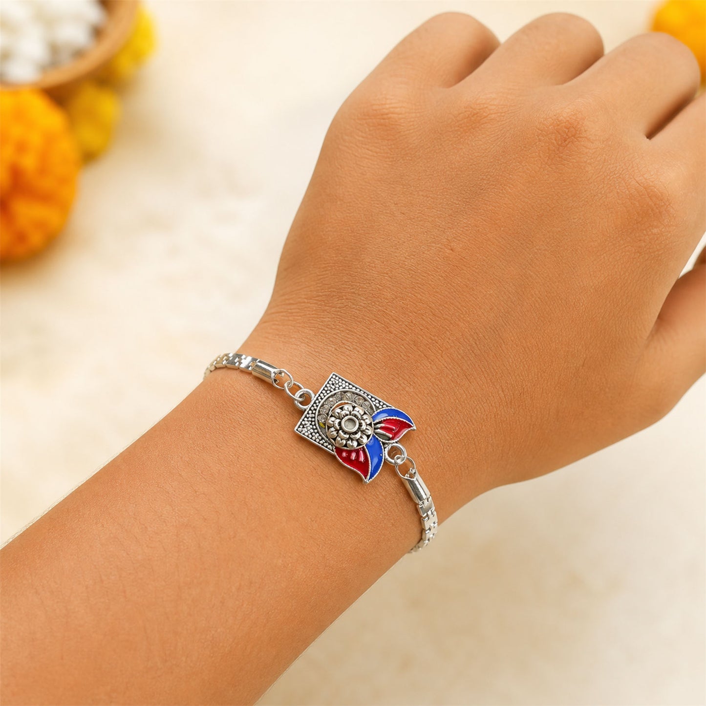 Square Carved Flower Dual Leaf Enamel Silver Chain Designer Rakhi
