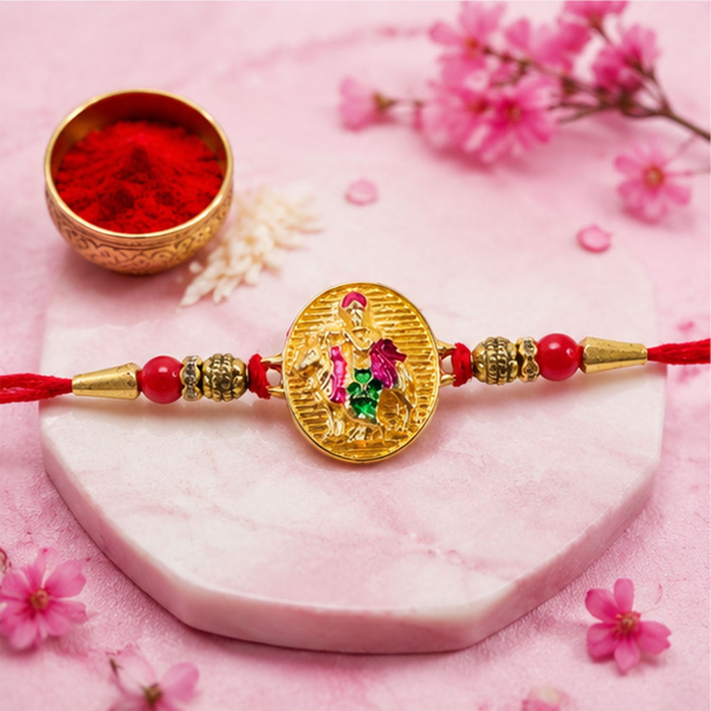 Dwarkadhish Krishna Gold Coin Rakhi with Red Beads