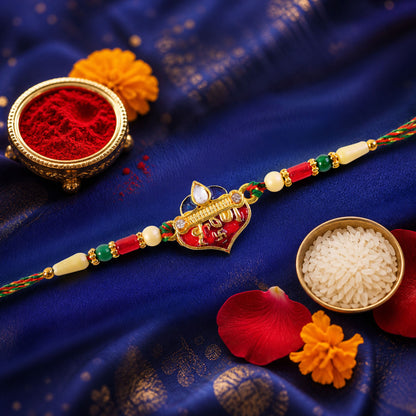 Elegant Rakhi featuring Ram Heart Plaque and ornate work in display look for Gift Use