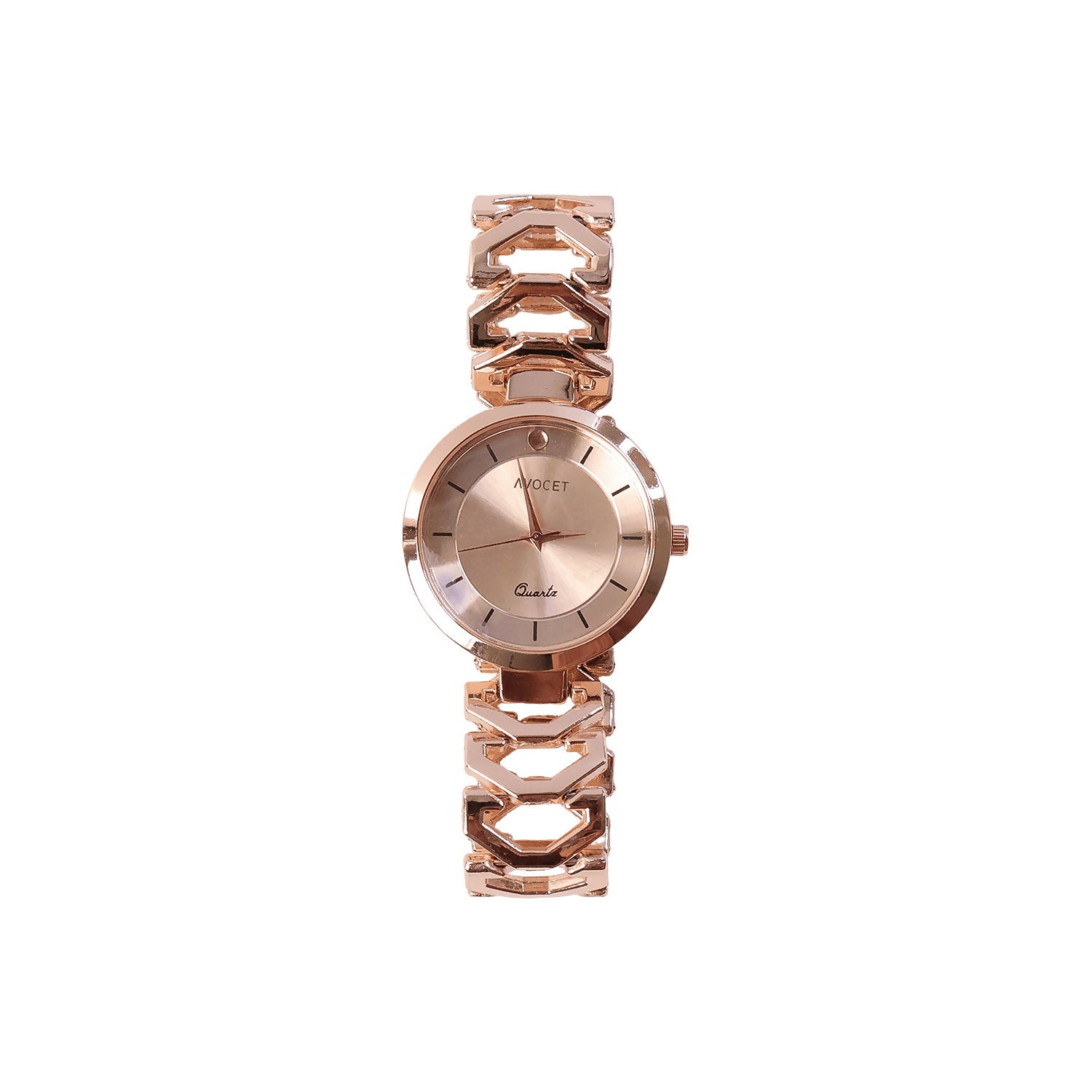 Women wearing rose gold analog wrist watch