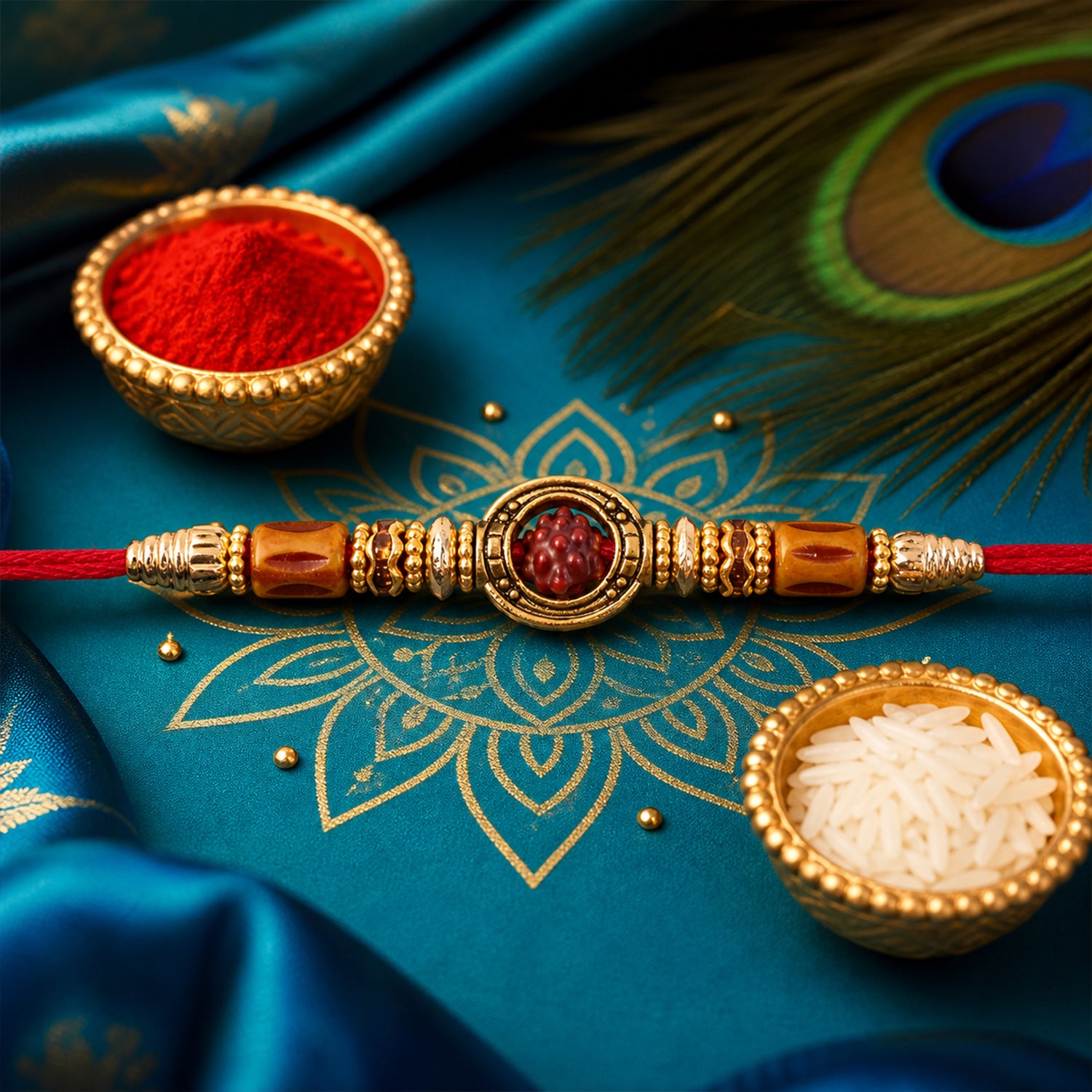 Red Thread Rakhi with Amber Beads and Antique Gold Oval Charm