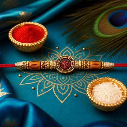 Red Thread Rakhi with Amber Beads and Antique Gold Oval Charm