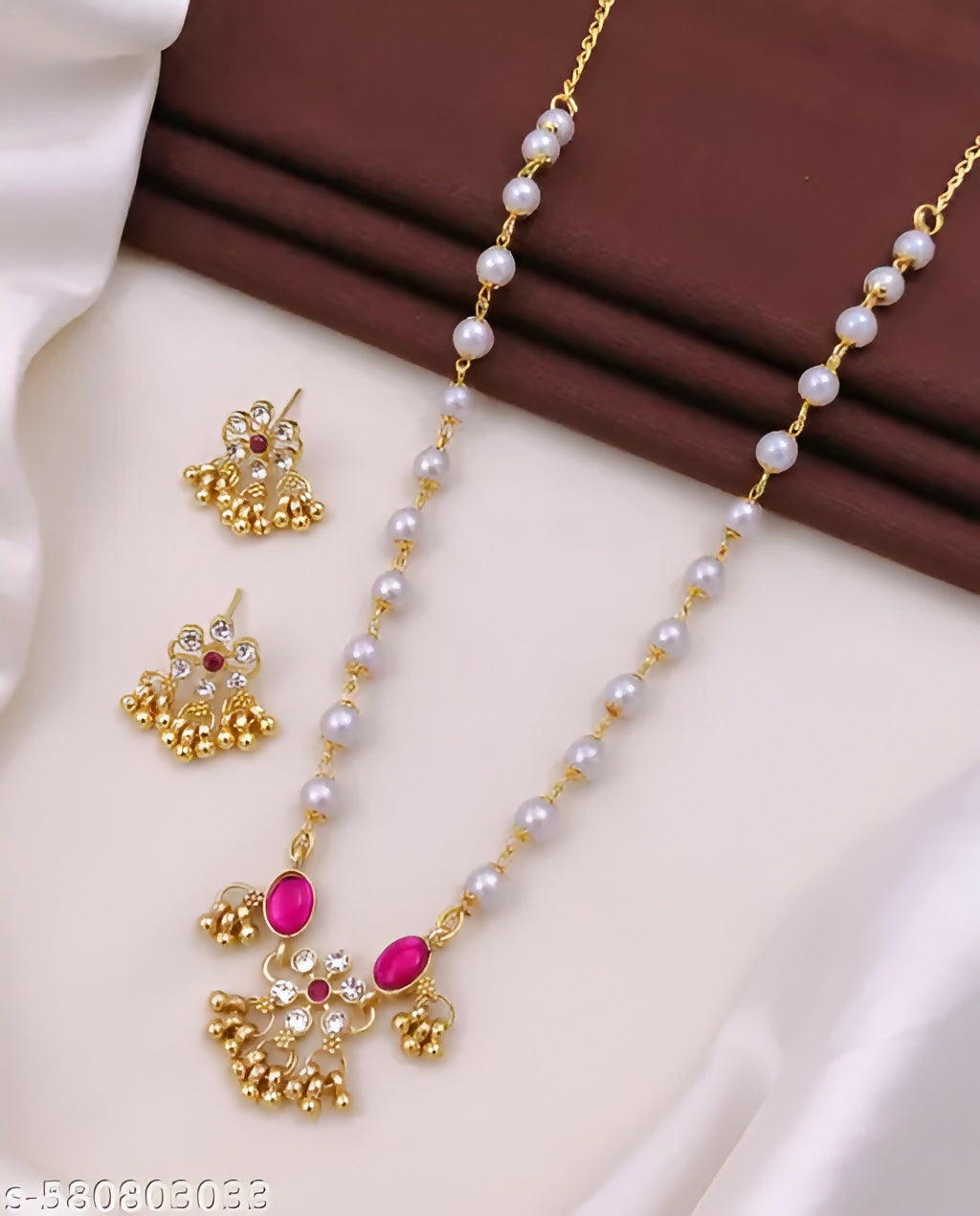 Traditional Gold-Plated Pink Stone & Pearl Bridal Jewelry Set with Necklace, Earrings