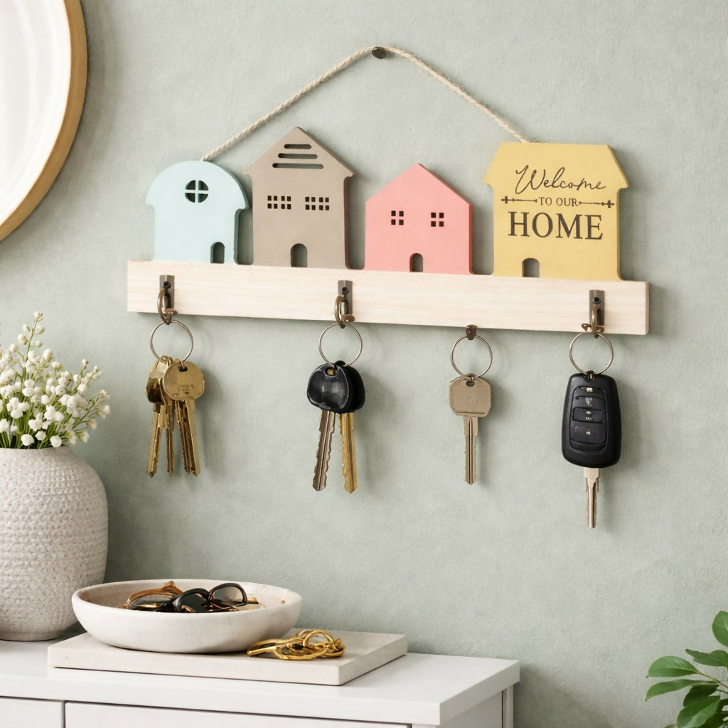 Wooden House Design Key Holder Wall Mount with 3 Hooks
