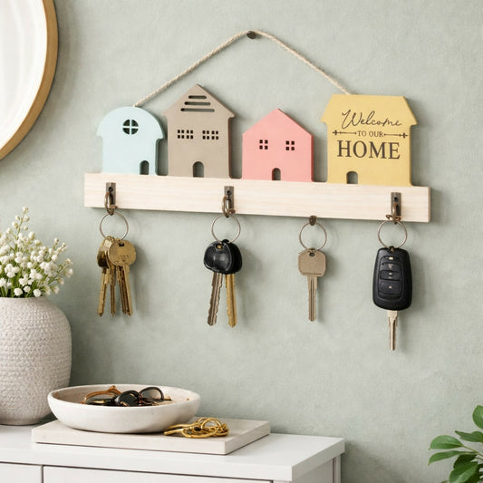 Wooden House Design Key Holder Wall Mount with 3 Hooks