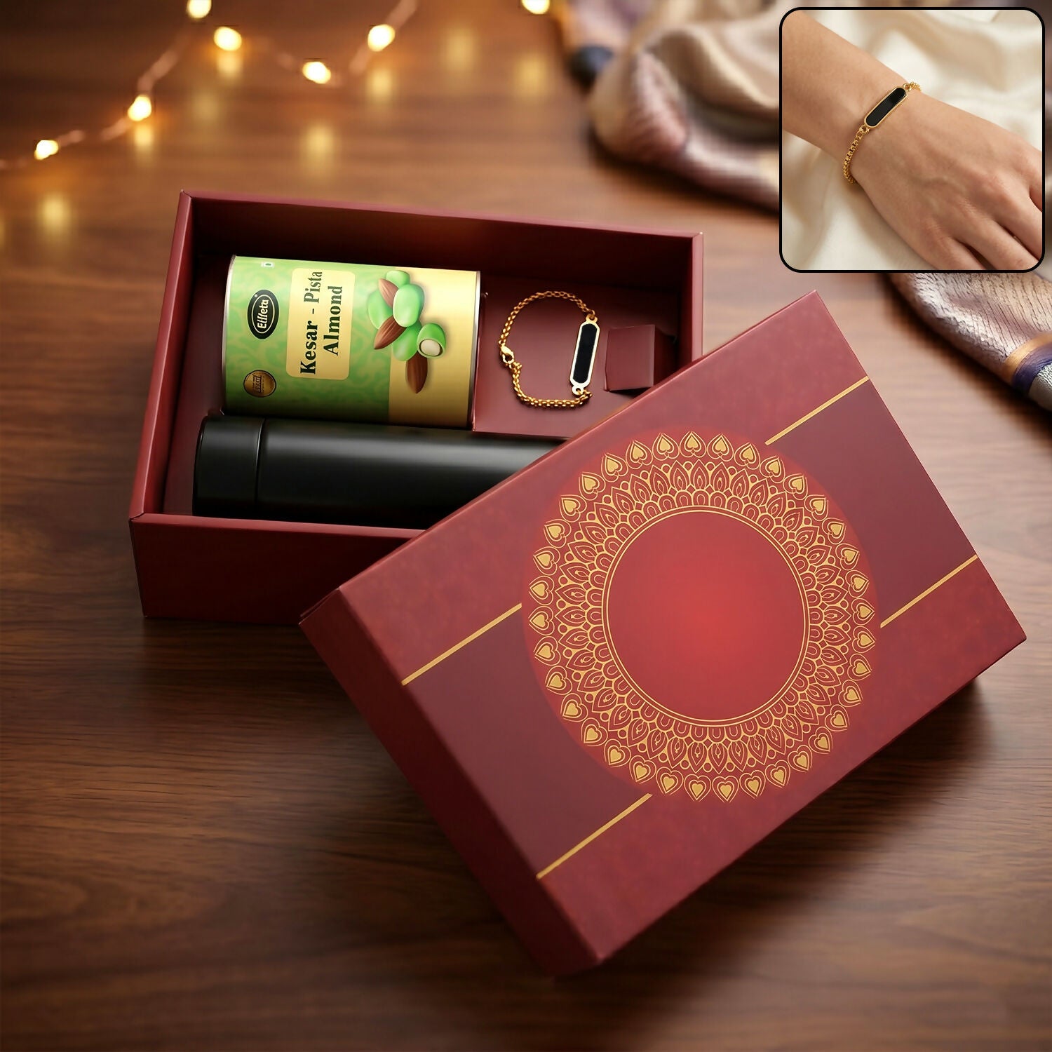 Close-up of bracelet rakhi in gift set