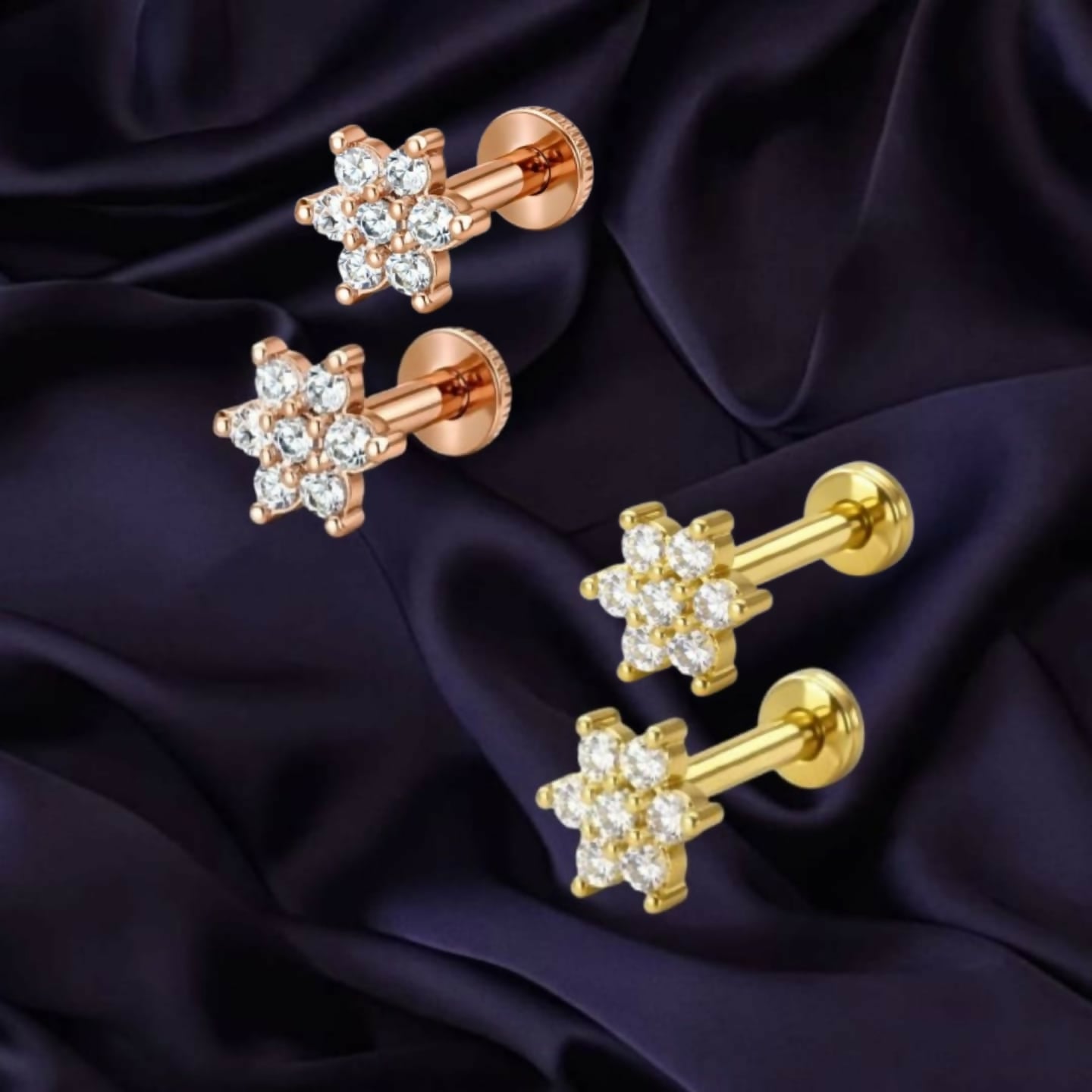 Gold and rose gold plated tiny flower stud earrings combo pack showcasing delicate seven-stone floral design