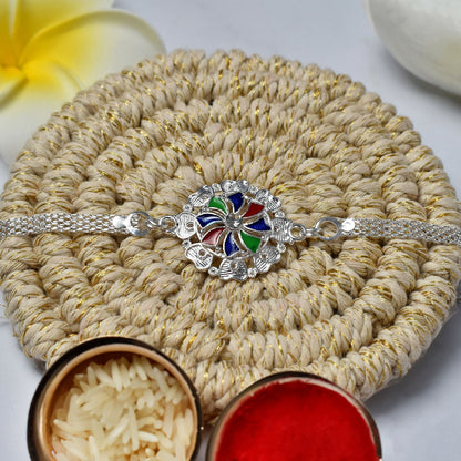 Round Meenakari Mandala Floral Enamel Crystal Silver Chain Rakhi (10pcs)