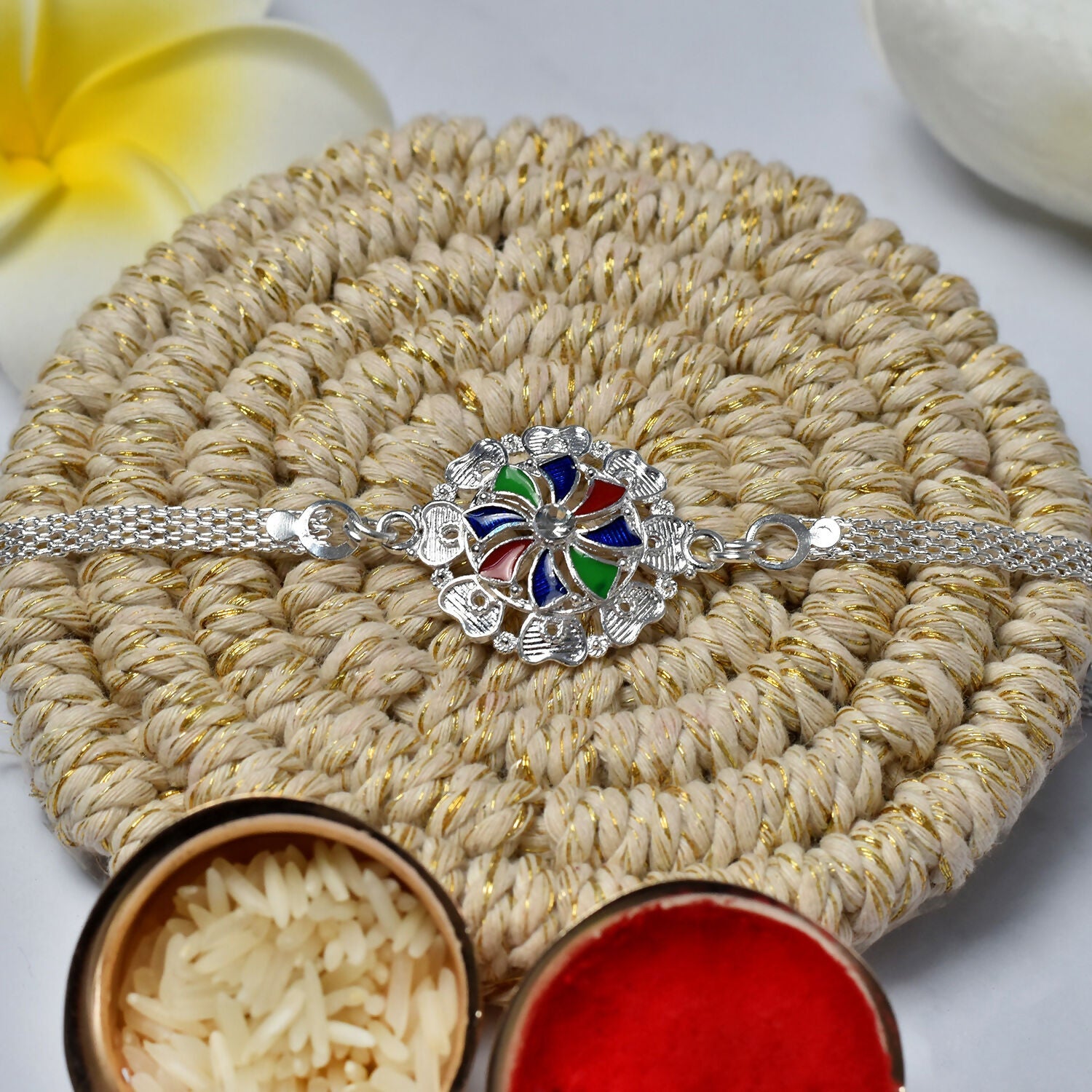 Round Meenakari Mandala Floral Enamel Crystal Silver Chain Rakhi (5pcs)