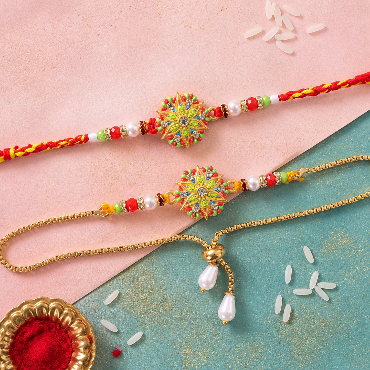 Star Design Floral Kundan Bhai Bhabhi Lumba Rakhi with Pearl Drops