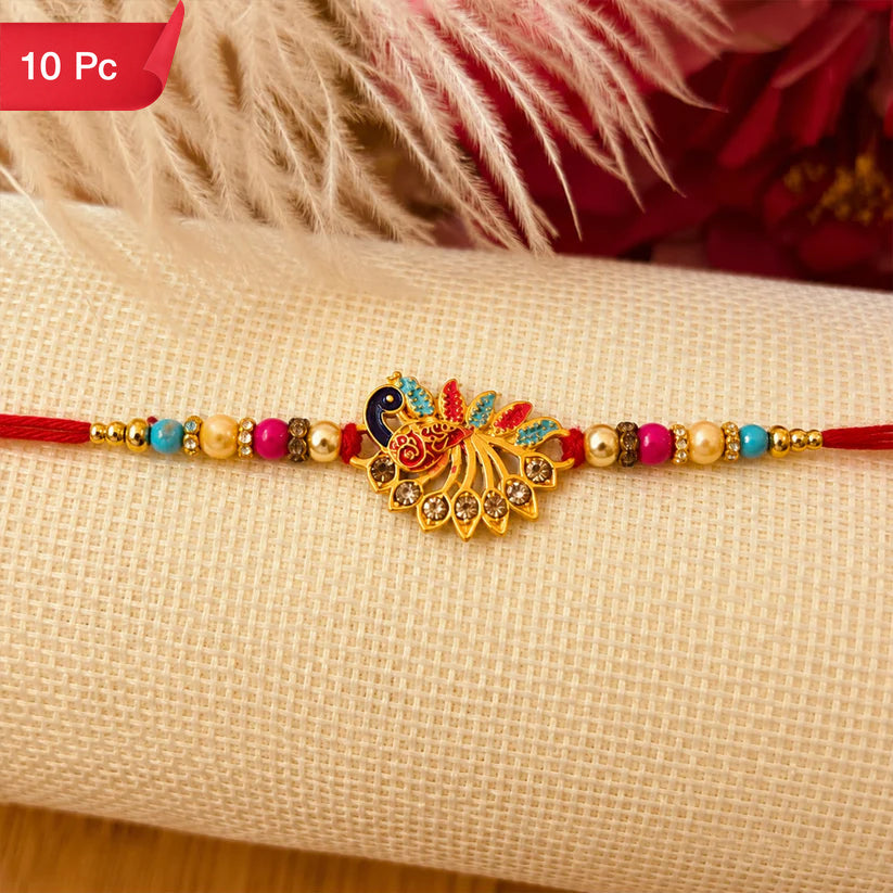 Peacock Rakhi Elegant Stone Detailing with Red Thread (10pcs)