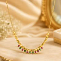 Traditional Gold Tone Beaded Necklace with Multicolor Drop Charms for Women