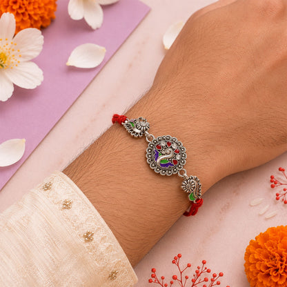 Festive Rakhi showcasing Petal Floral Medallion, pearl accents and bead line for Gift
