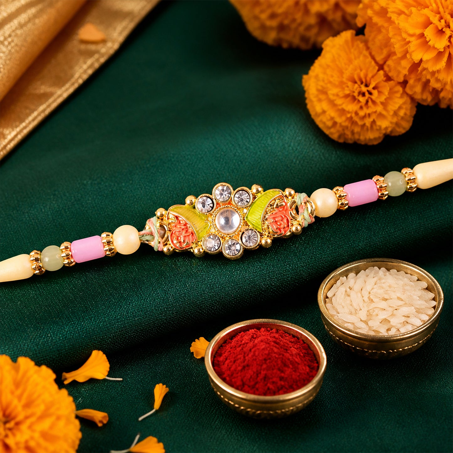 Ornate Rakhi featuring Floral Mirror Medallion, bead line and chain look for Gift Use