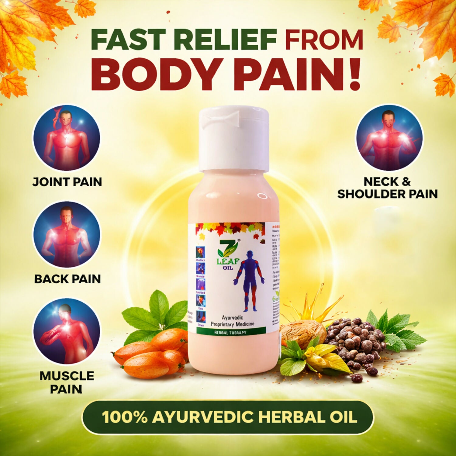 7 Leaf Ayurvedic Herbal Oil for Joint, Muscle & Body Pain Relief (60 ml)