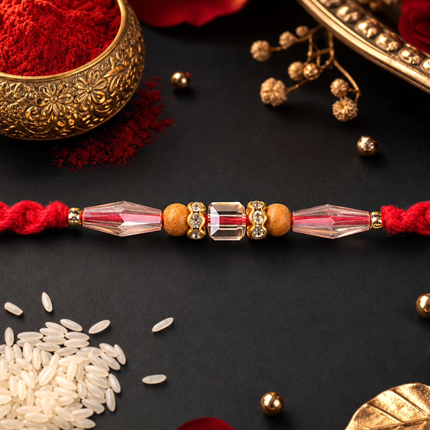 Red Thread Rakhi with Champagne Crystal Beads and Wooden Bead Accents