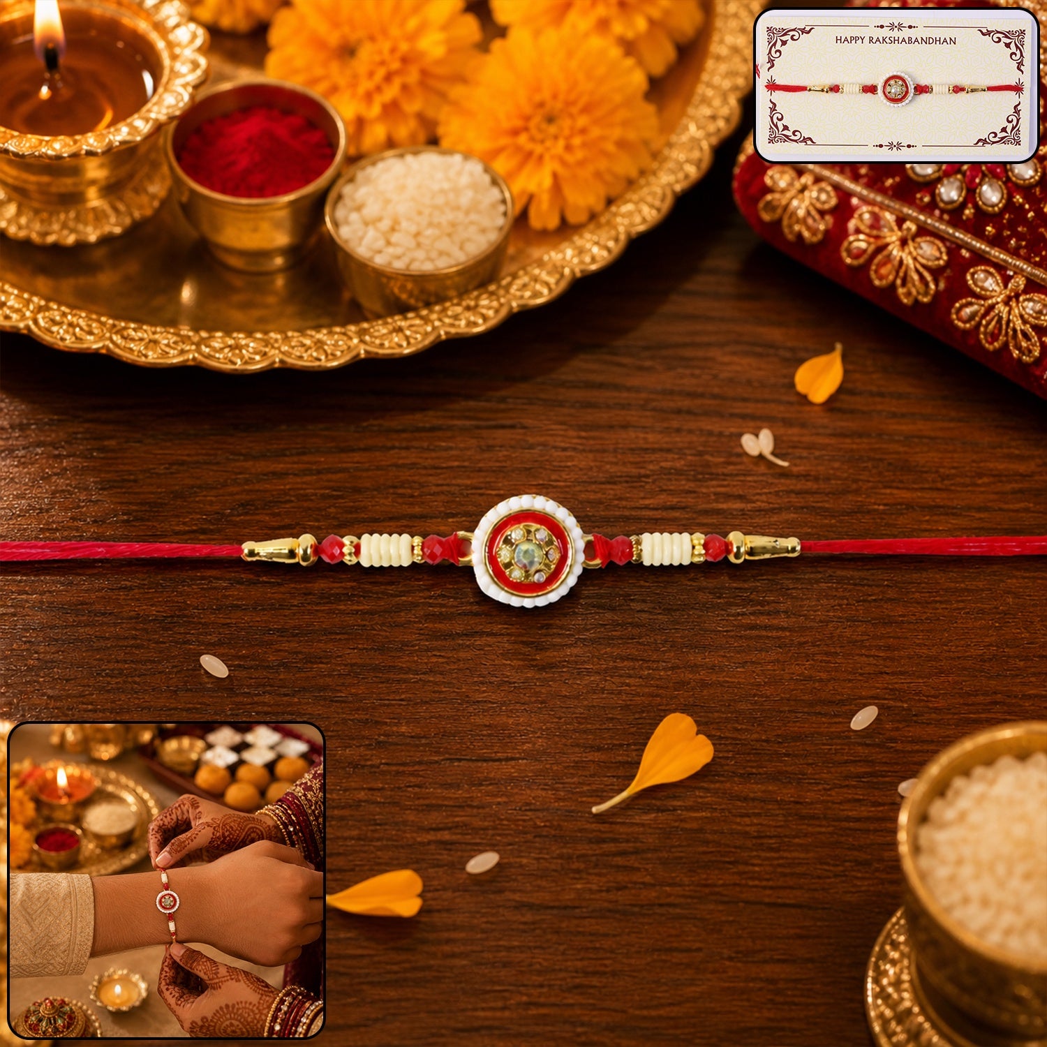 Red Round Kundan Pearl Border Rakhi close-up
