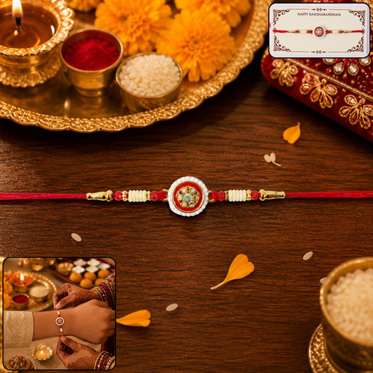 Red Round Kundan Pearl Border Rakhi