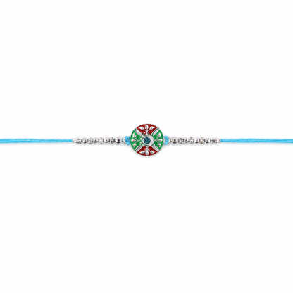 Blue Thread Rakhi with Multicolor Center and Fine Silver Chain