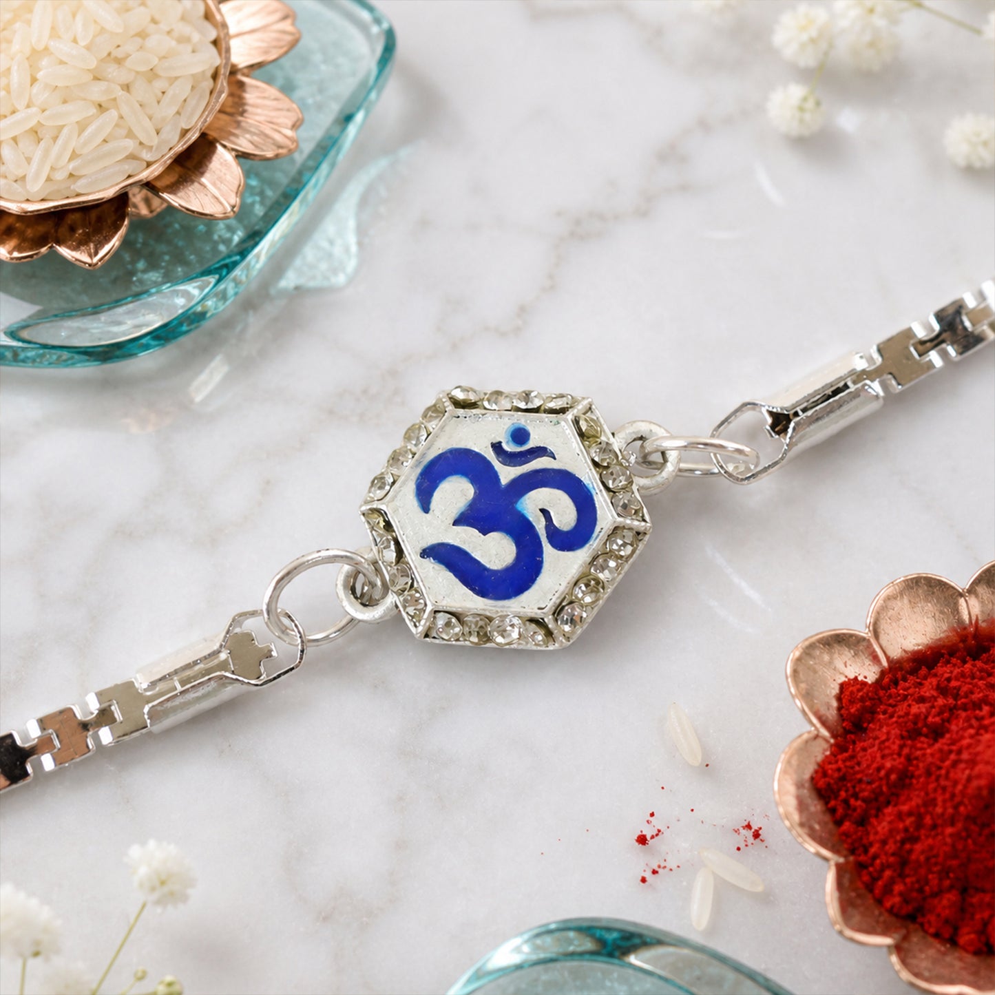 Om Charm Crystal Studded Enamel Silver Chain Designer Rakhi