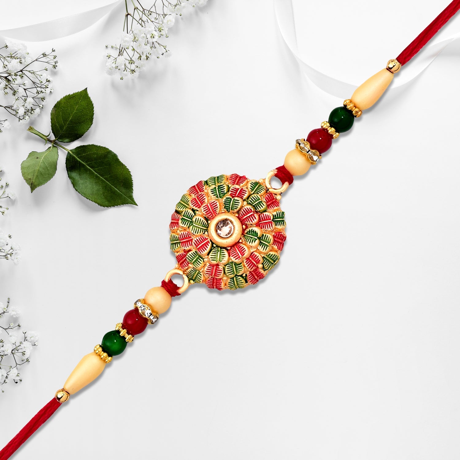 Kundan Rakhi Traditional Rudraksha Design for Brother (10pcs)