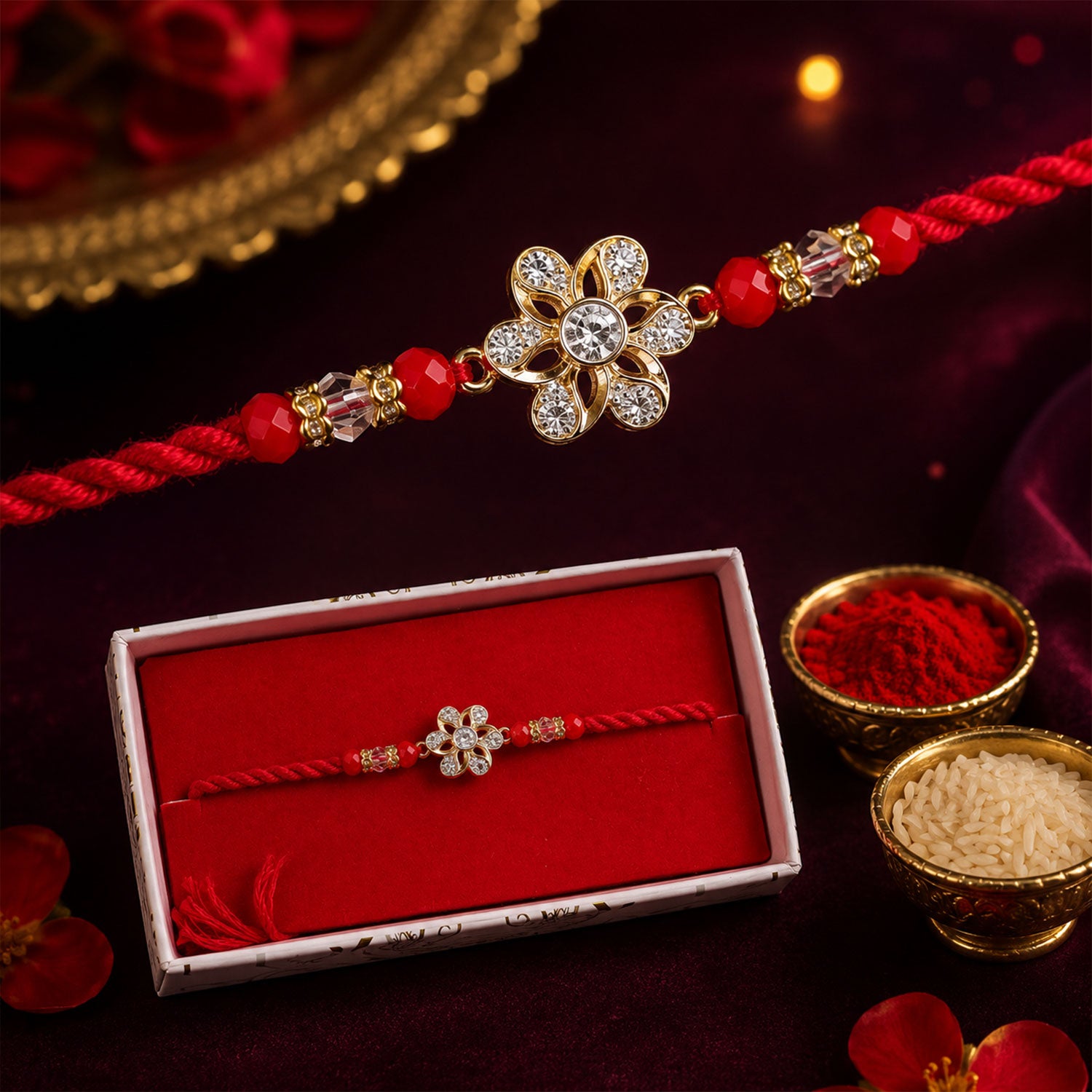Sparkling American Diamond CZ Flower Designer Rakhi for Brother Gift Set