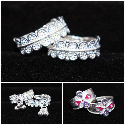Silver plated toe ring with tiny ghungroo charms making soft sounds