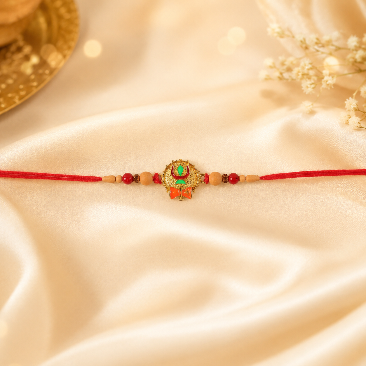 Tiny Trishul Damru Rakhi with Green Stone Center and Minimal Red Thread