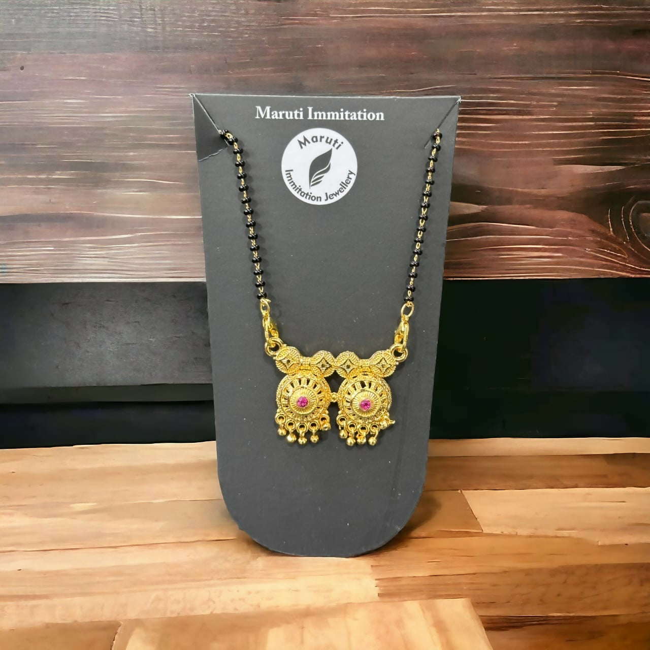 Traditional Gold-Tone Dual Pendant Mangalsutra – Elegant Black Bead Chain