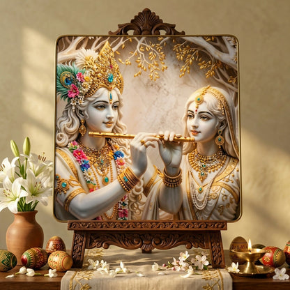 Radha Krishna wall frame displayed in living room decor